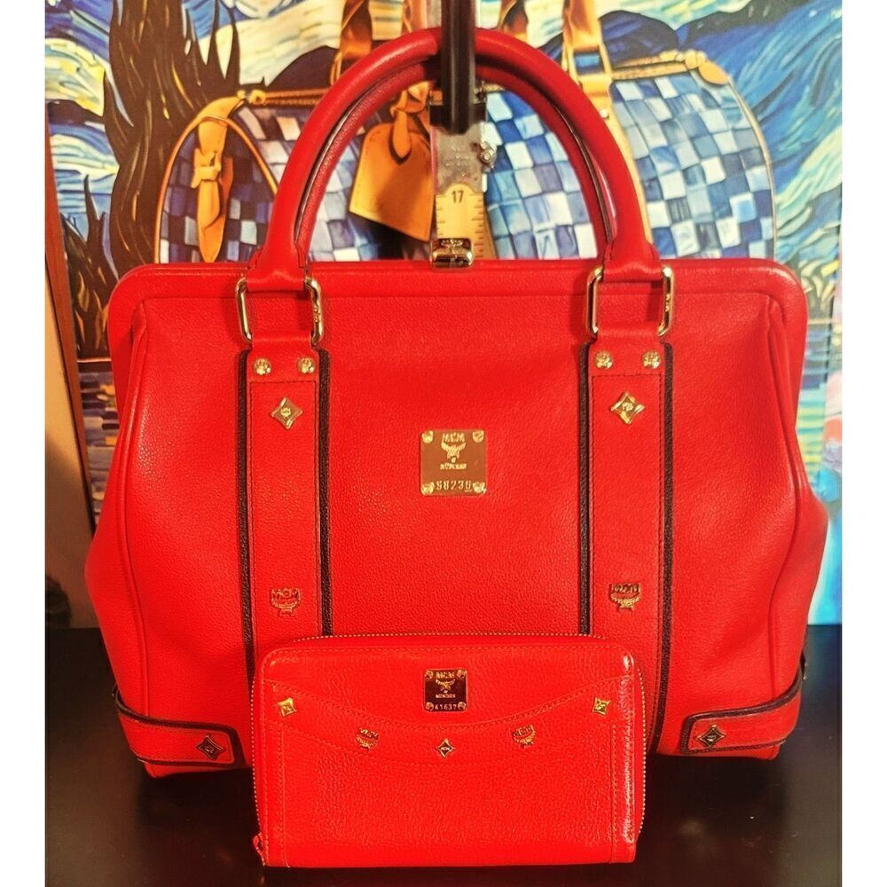MCM Red Studded Leather Frame Bag and Matching Wallet